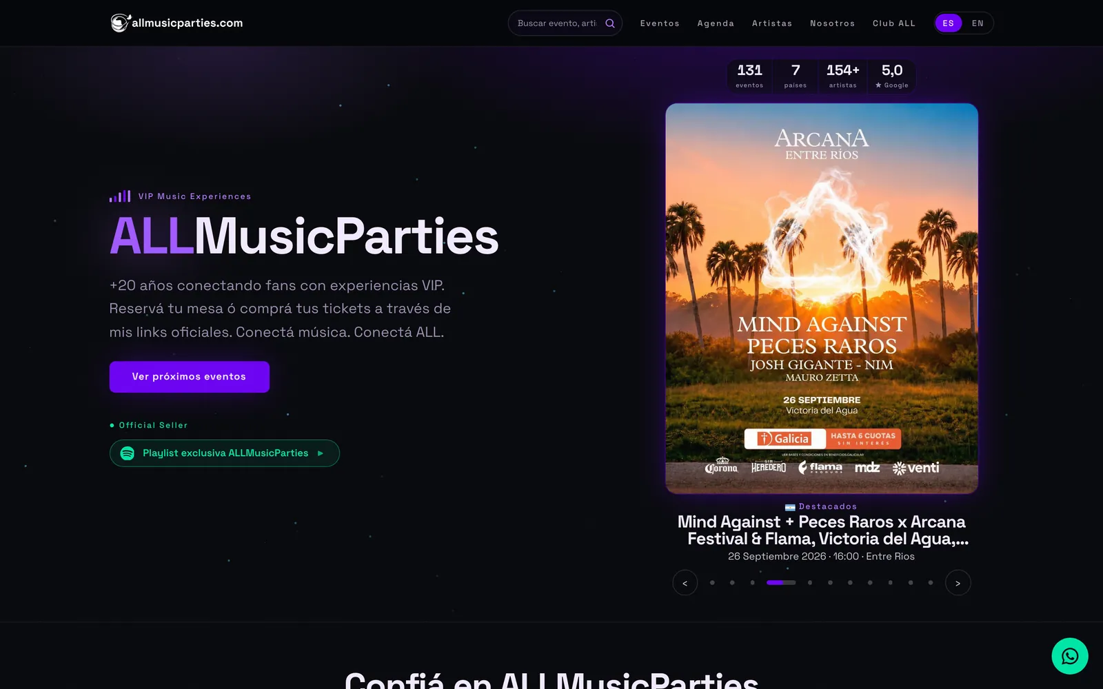 Portada de ALLMusicParties con el evento destacado y las métricas del club