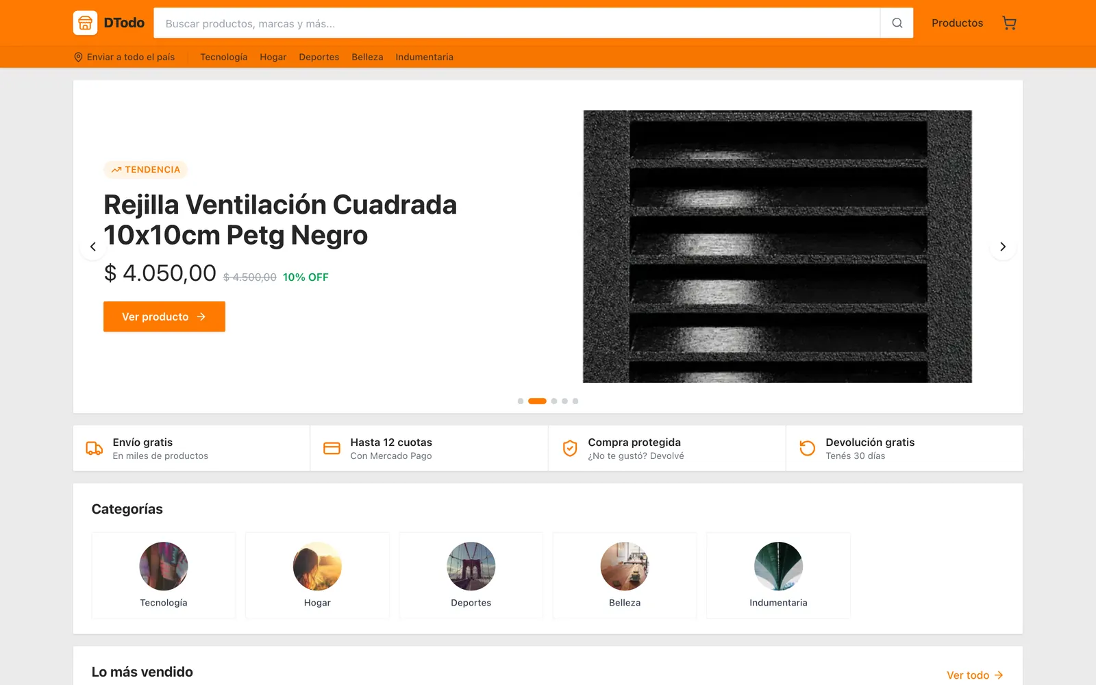 Portada de DTodo con producto en tendencia y categorías