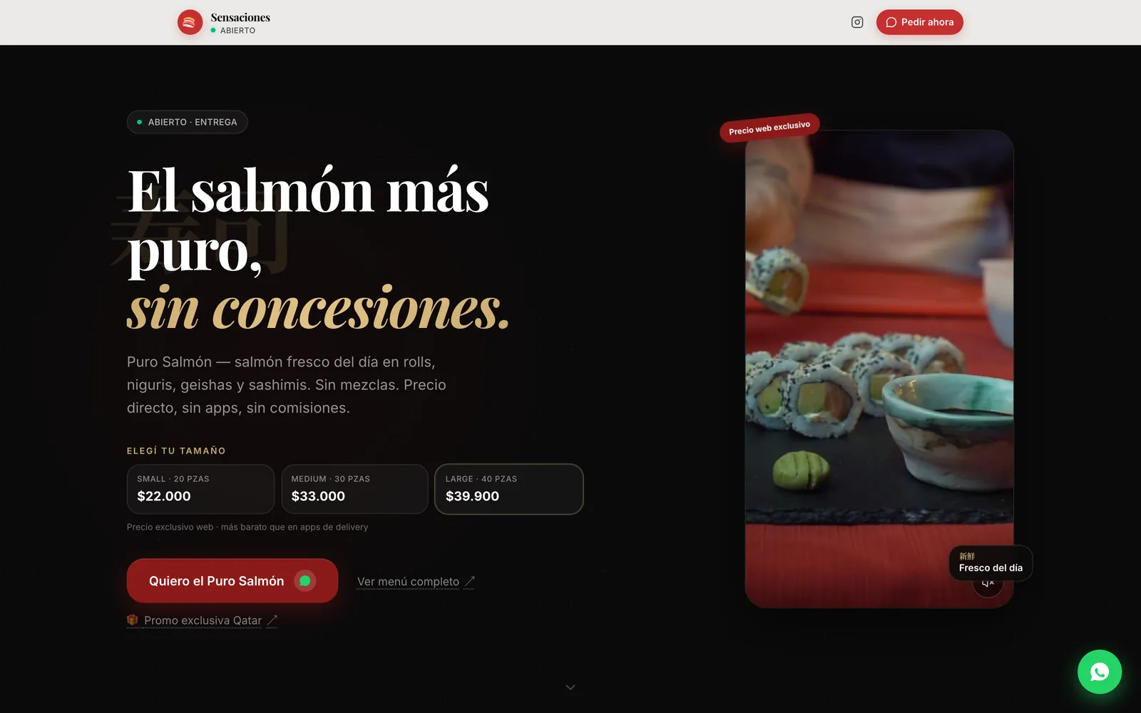 Portada de Sensaciones de Oriente con el selector de tamaño y los tres precios de combo